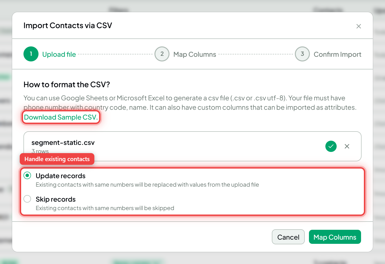 The CSV upload step with the drop area, sample download and existing-contact options highlighted