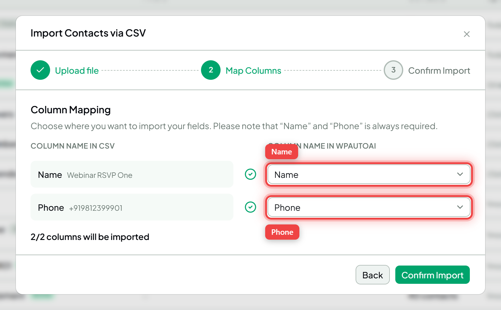 The CSV column-mapping step with the Name and Phone mappings highlighted