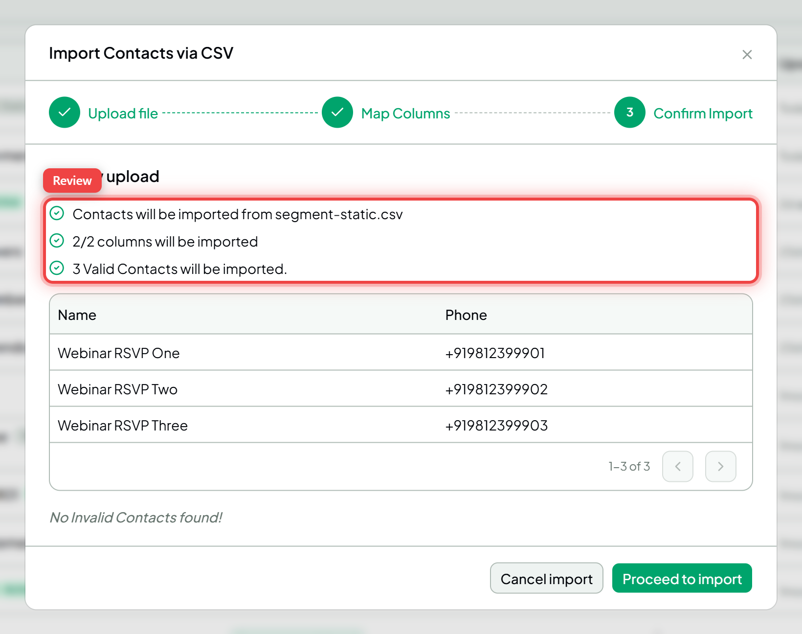 The CSV review step with the valid-contact summary and preview table highlighted