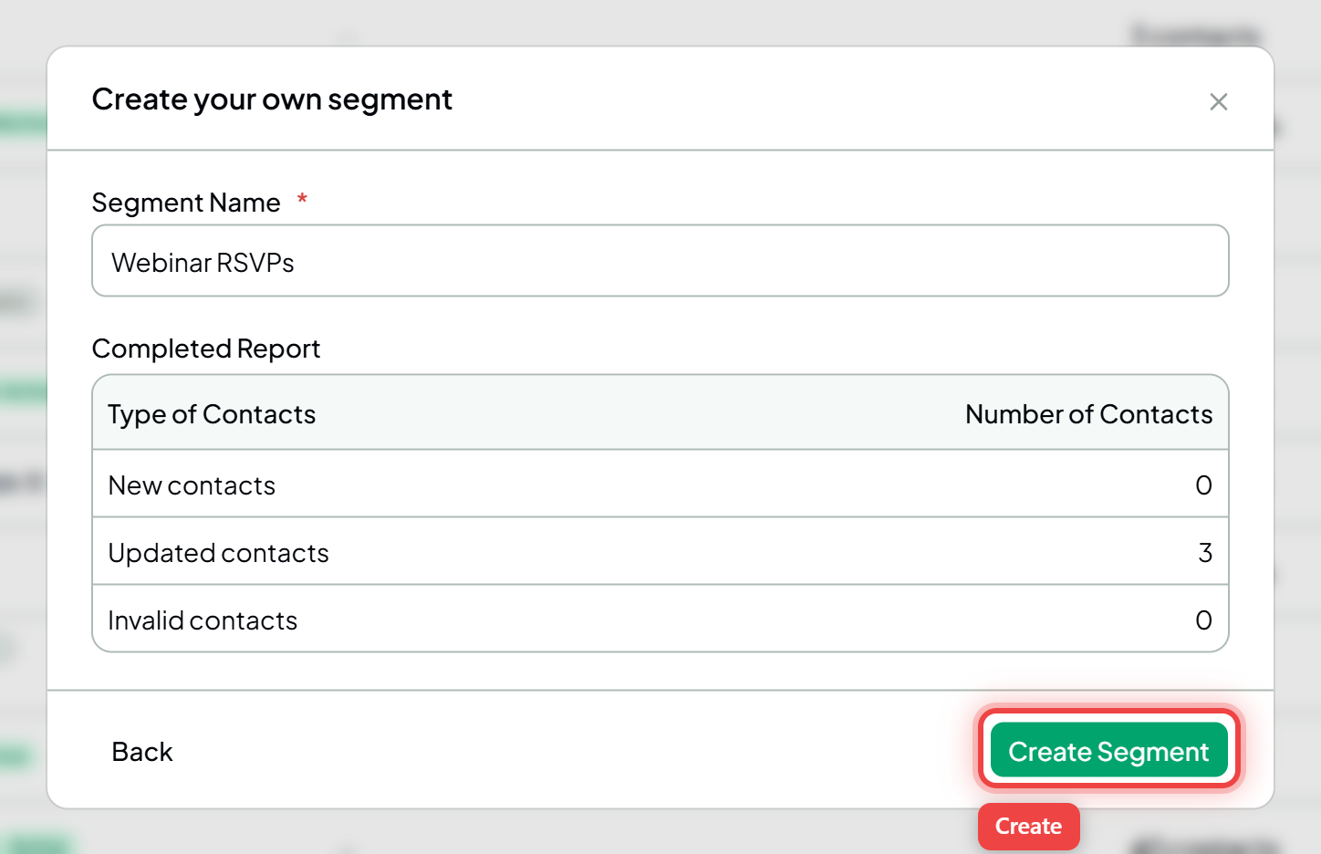 The completed import report with the Create Segment button highlighted