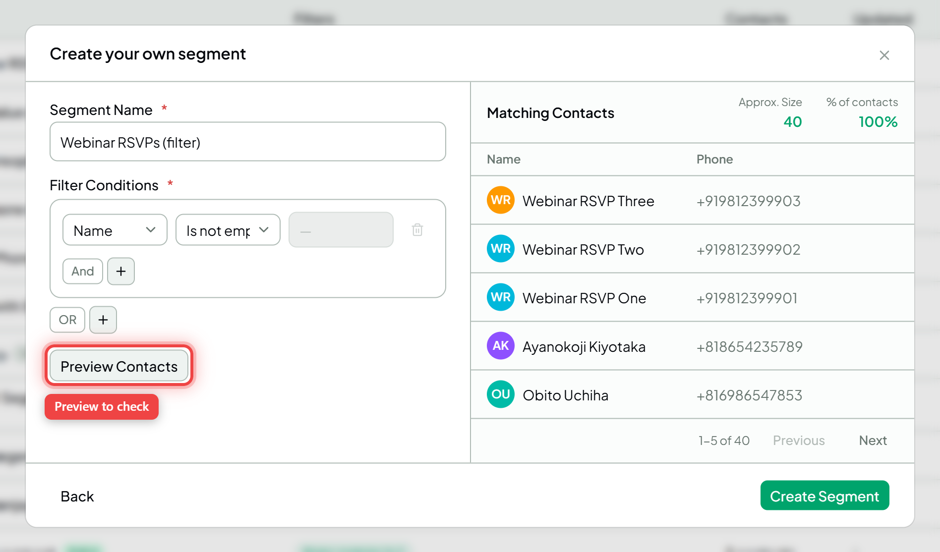 The filter builder for a static segment with conditions and the Preview Contacts button highlighted