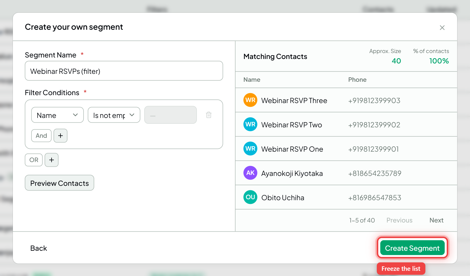 The filter builder with the Create Segment button highlighted for a static segment
