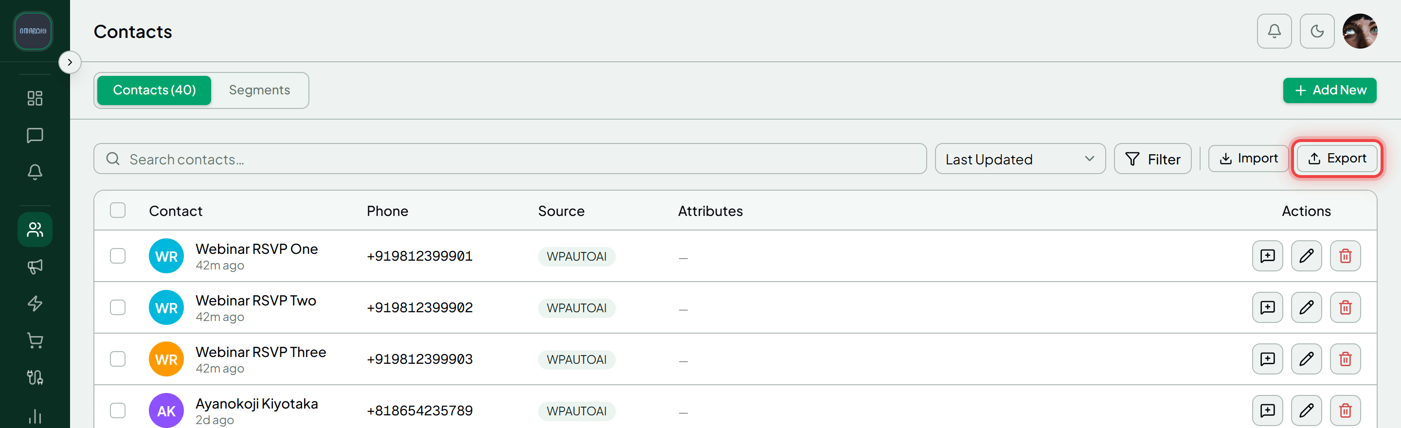 The Contacts page with the Export button highlighted in the toolbar