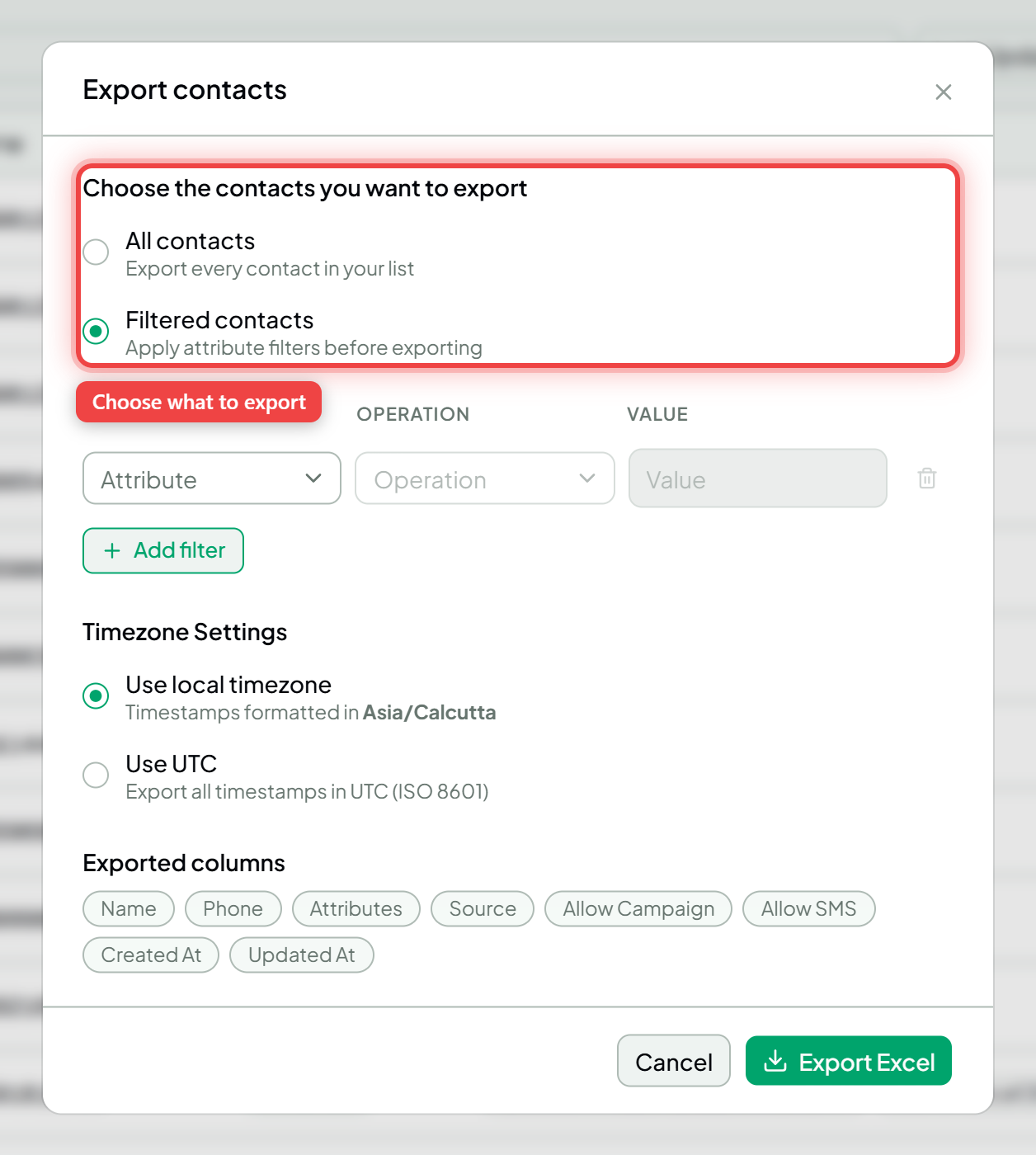 The export dialog with the scope options highlighted