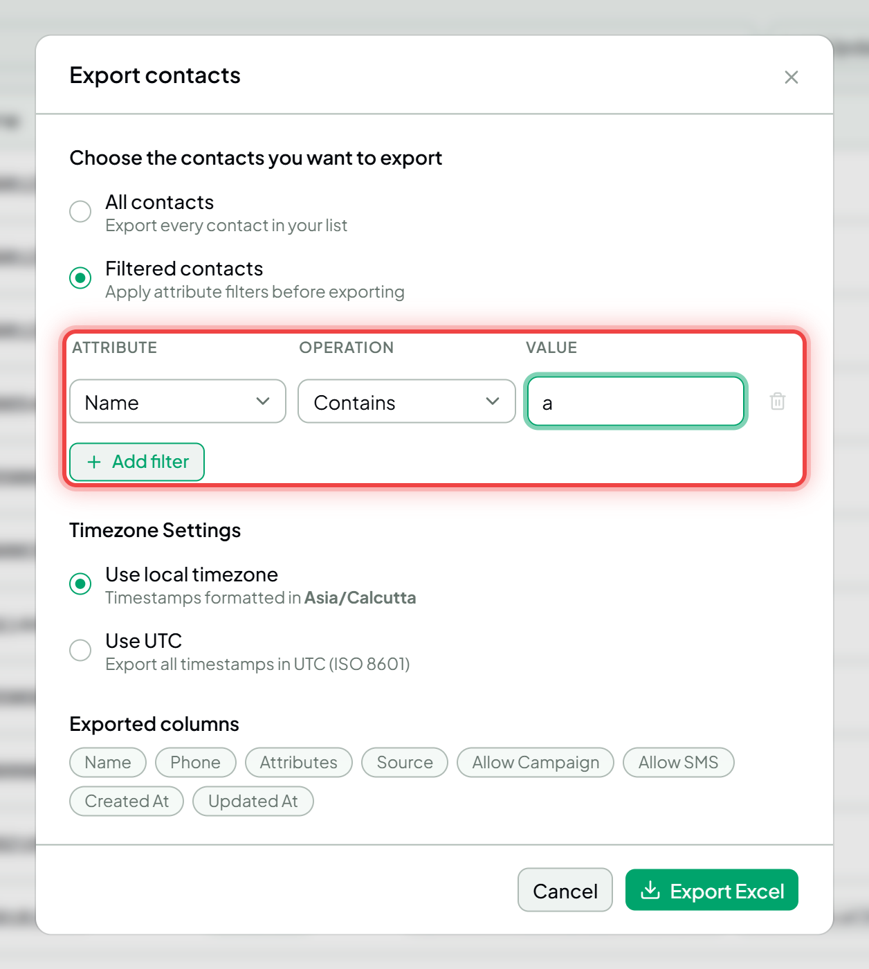 The export dialog with a filter condition row and the Add filter button highlighted