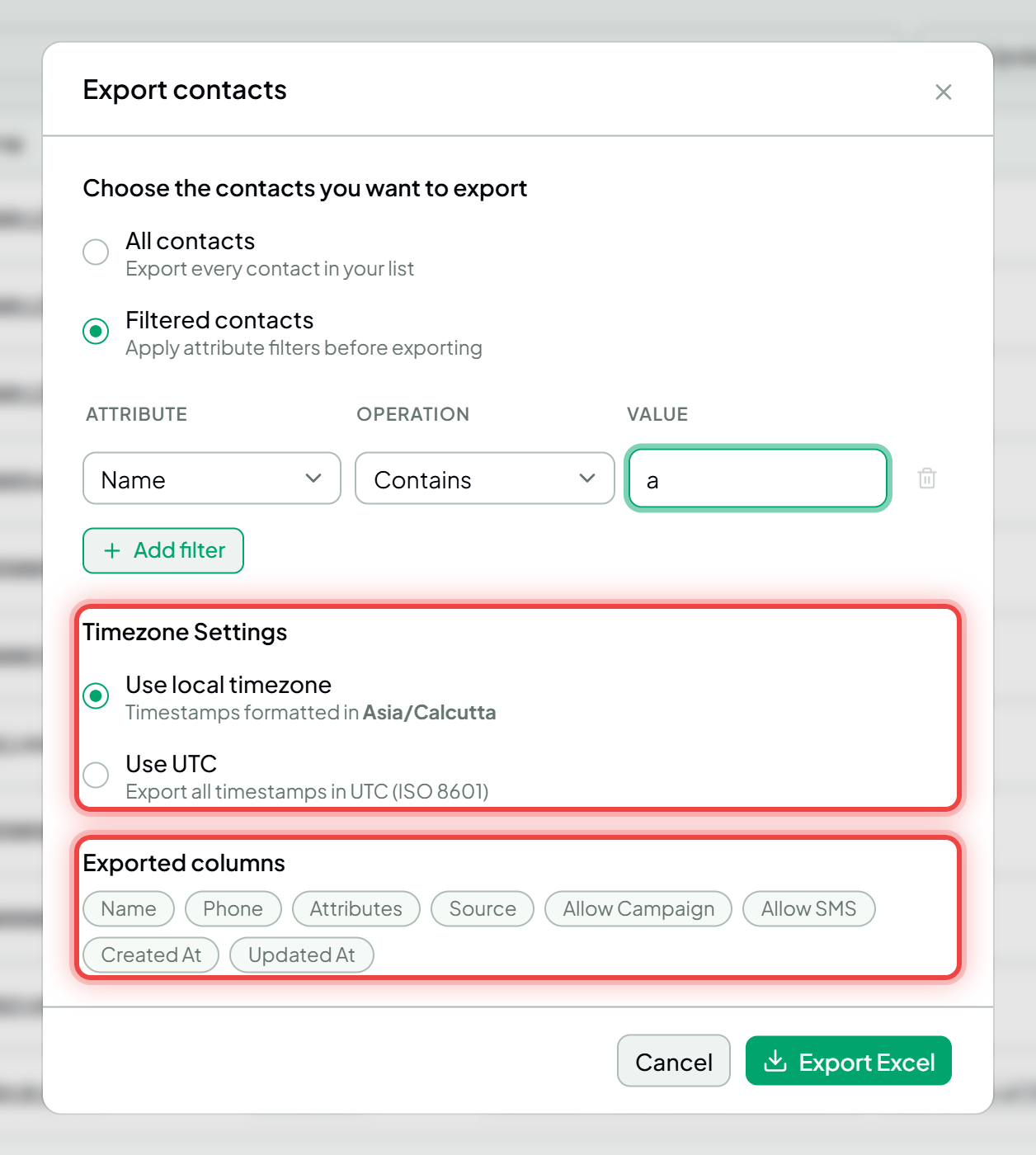 The export dialog with the timezone choice and exported-columns list highlighted