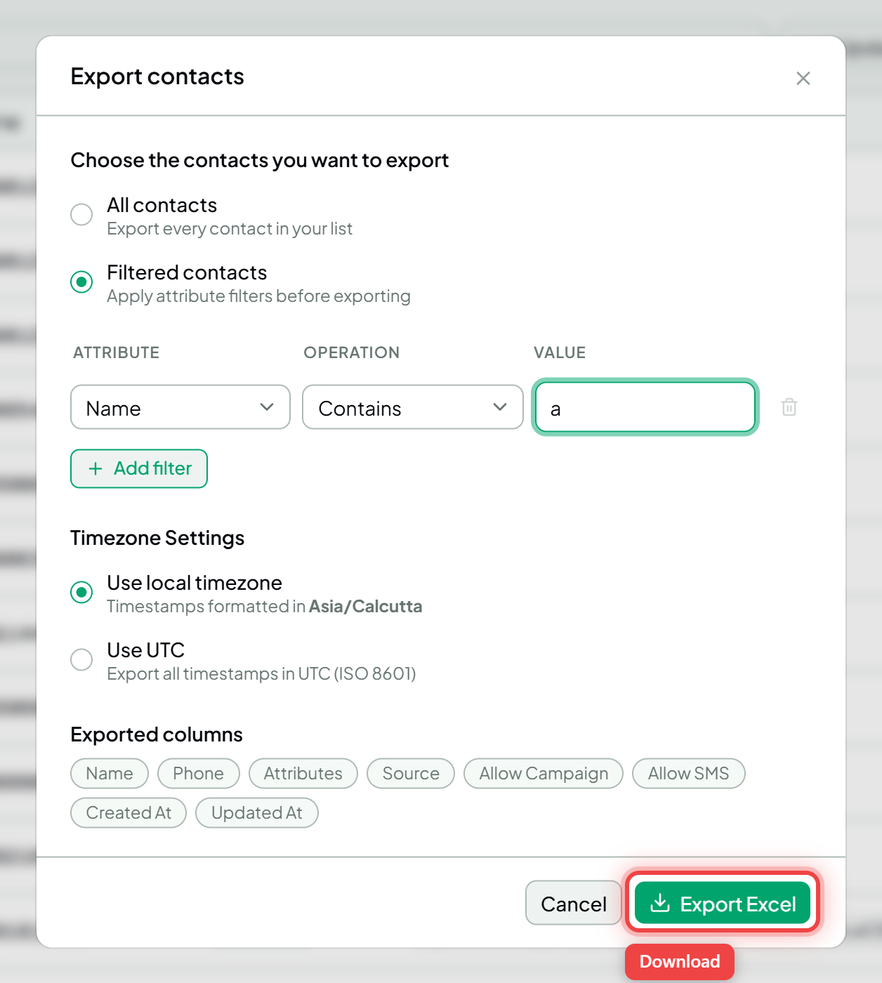 The export dialog with the Export Excel button highlighted