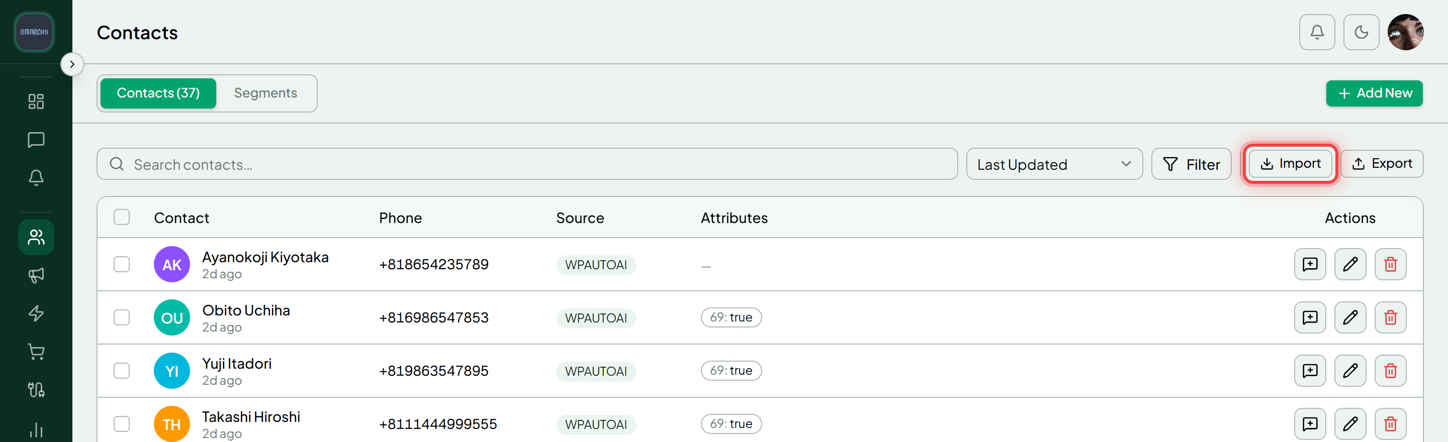 The Contacts page with the Import button highlighted in the toolbar