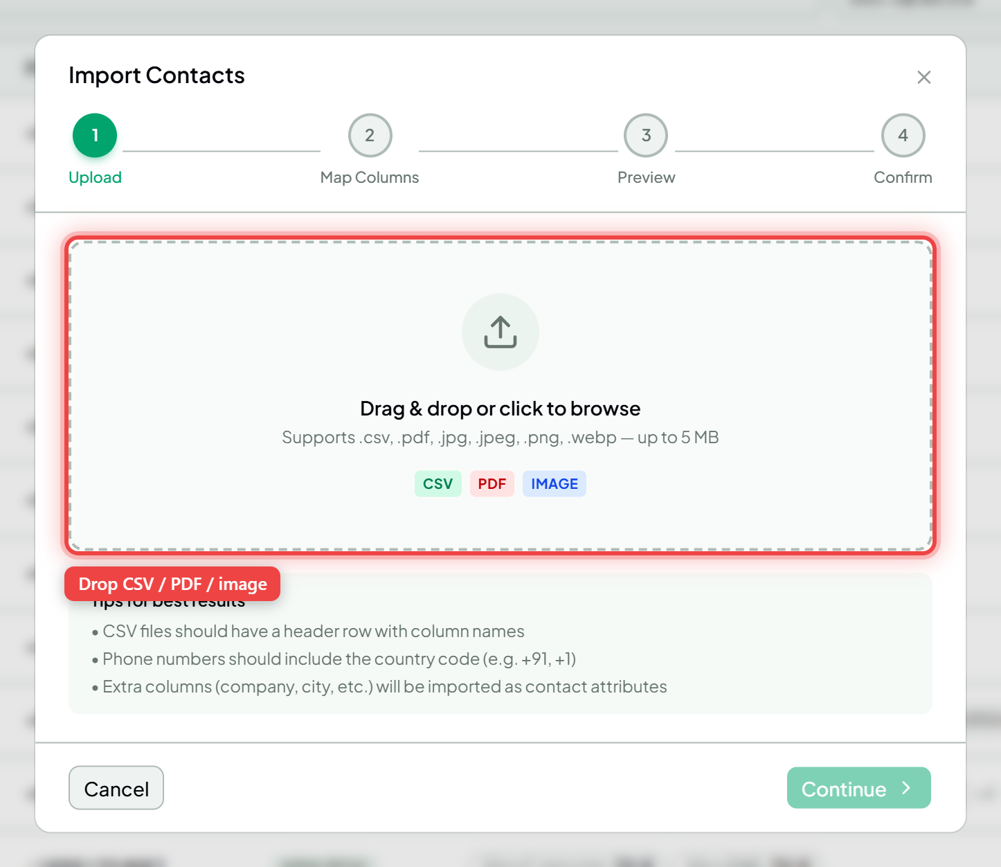 The upload step with the drag-and-drop area and file-format tips highlighted