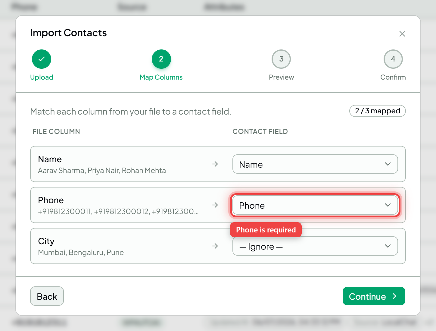 The column-mapping step with the Phone field mapping highlighted