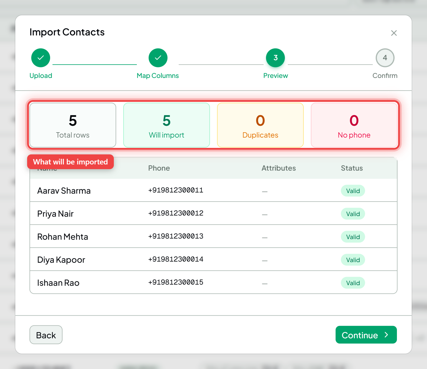 The preview step showing the total, will-import, duplicate and no-phone counts