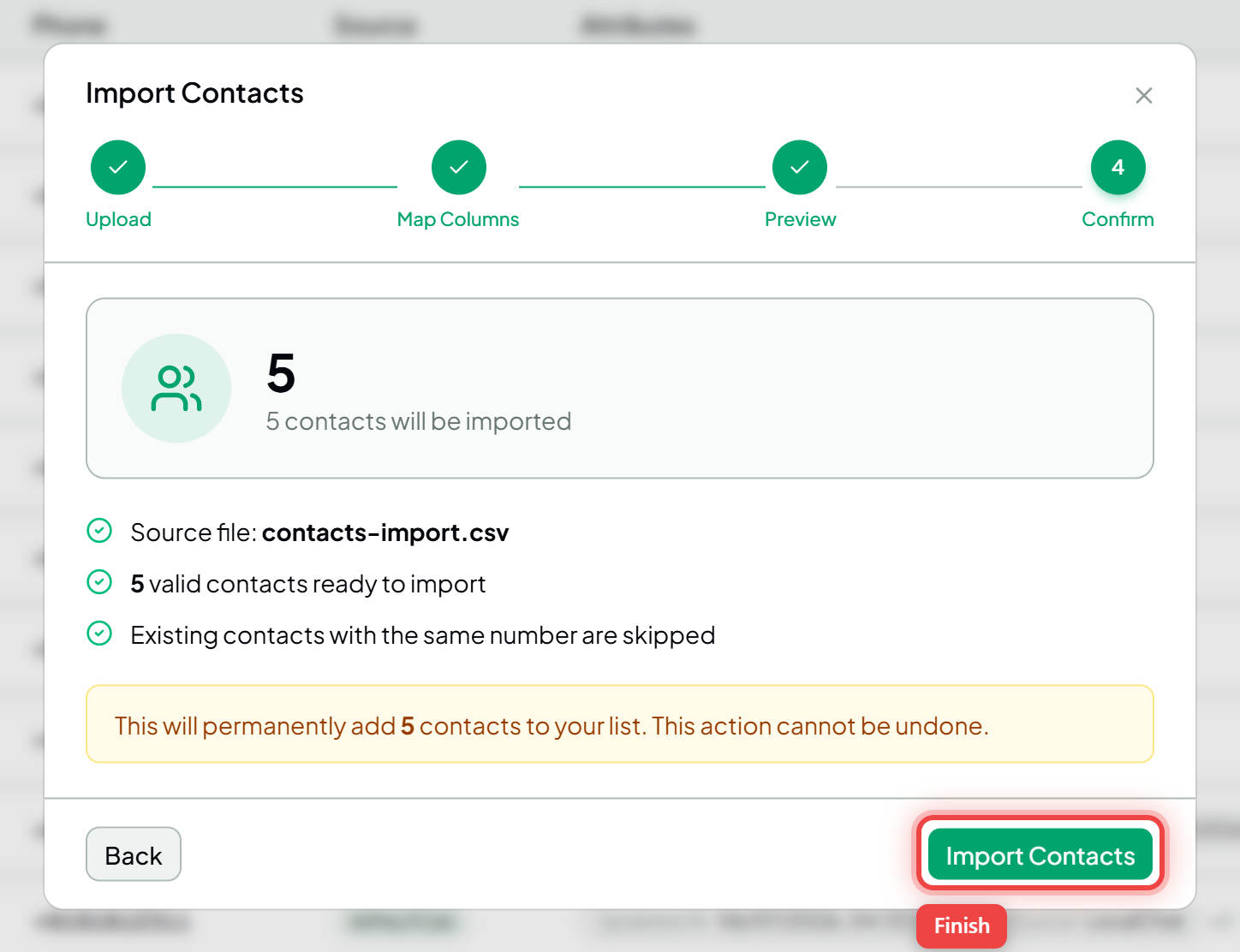 The confirm step with the Import Contacts button highlighted