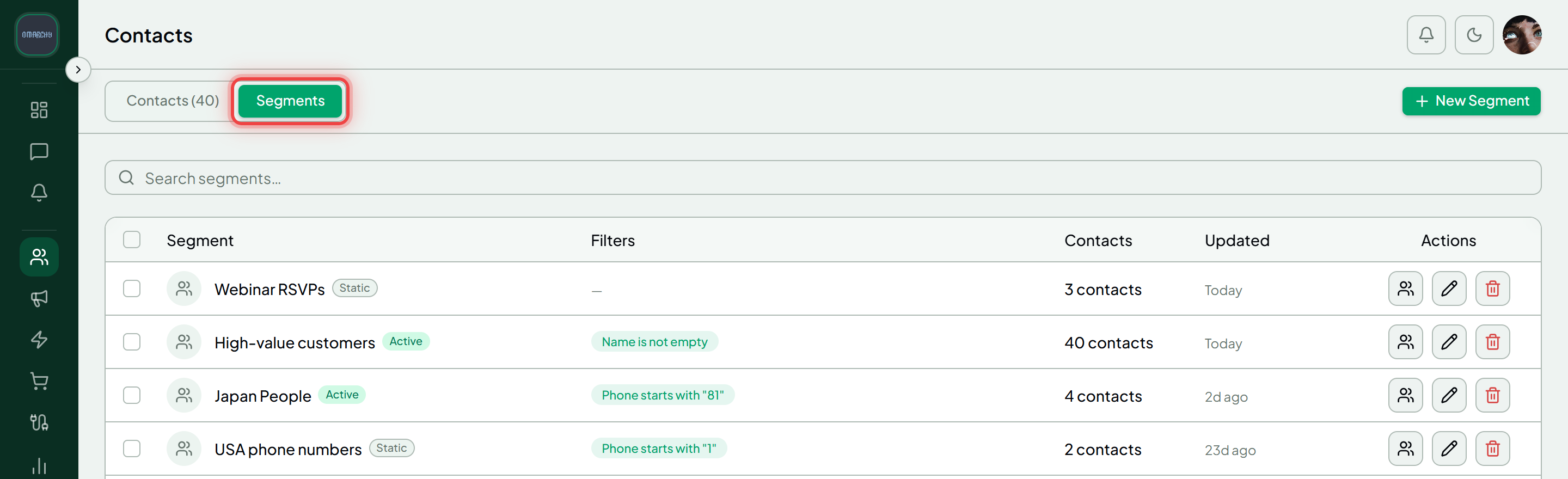 The Segments tab listing segments with their filters and contact counts