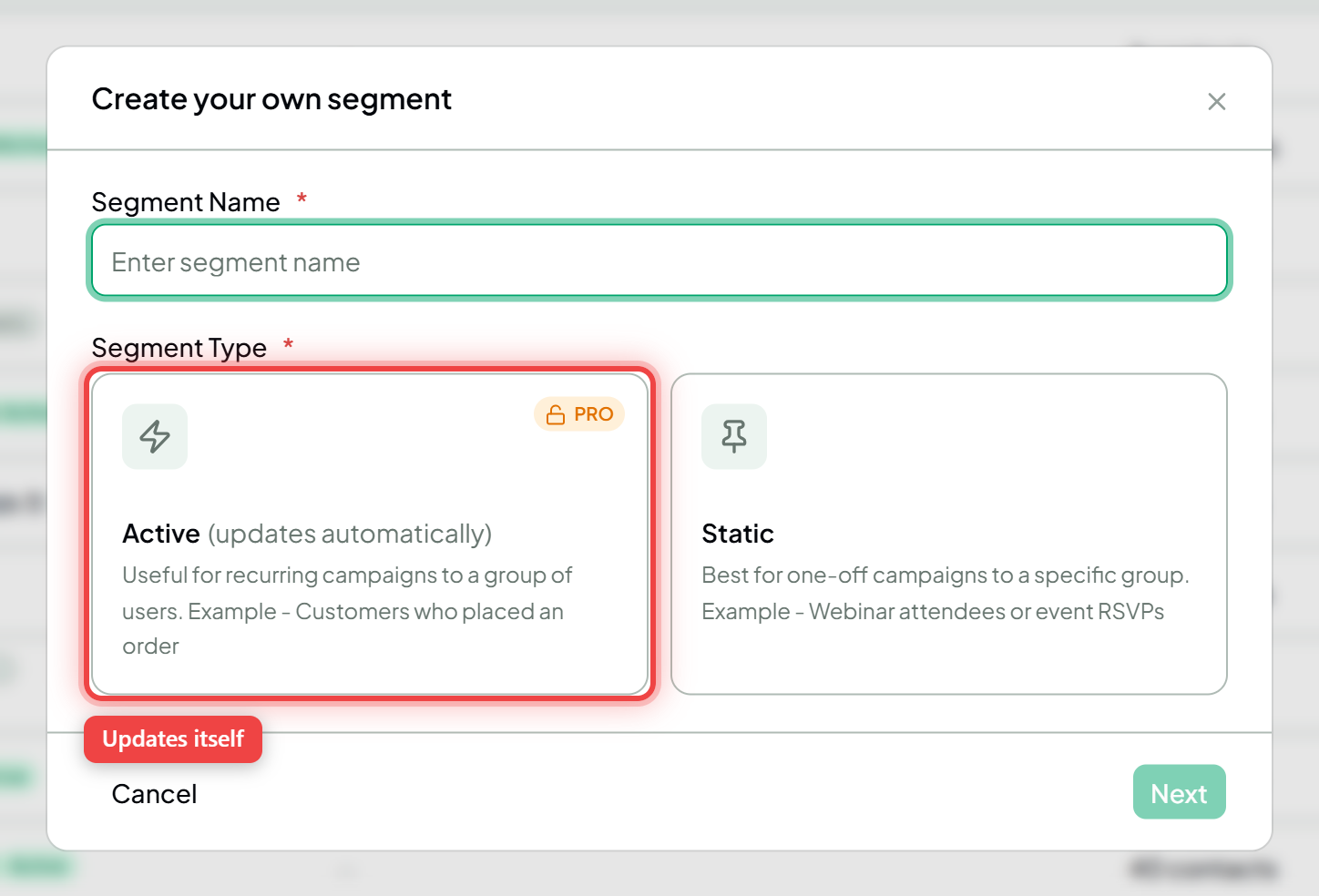 The segment-type screen with the Active (updates automatically) option highlighted