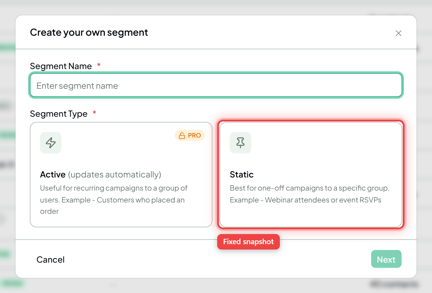 The segment-type screen with the Static (fixed list) option highlighted