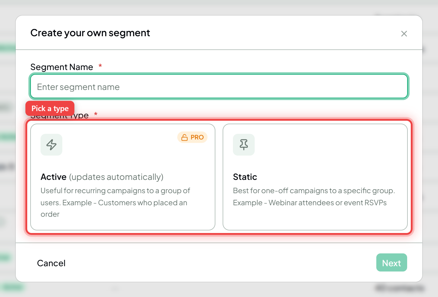 The New Segment dialog showing the Active and Static type cards side by side