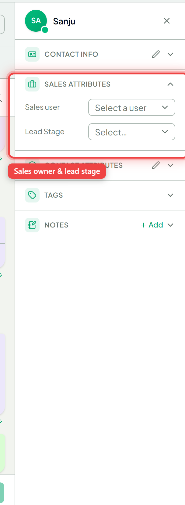 The Sales Attributes section with Sales user and Lead Stage