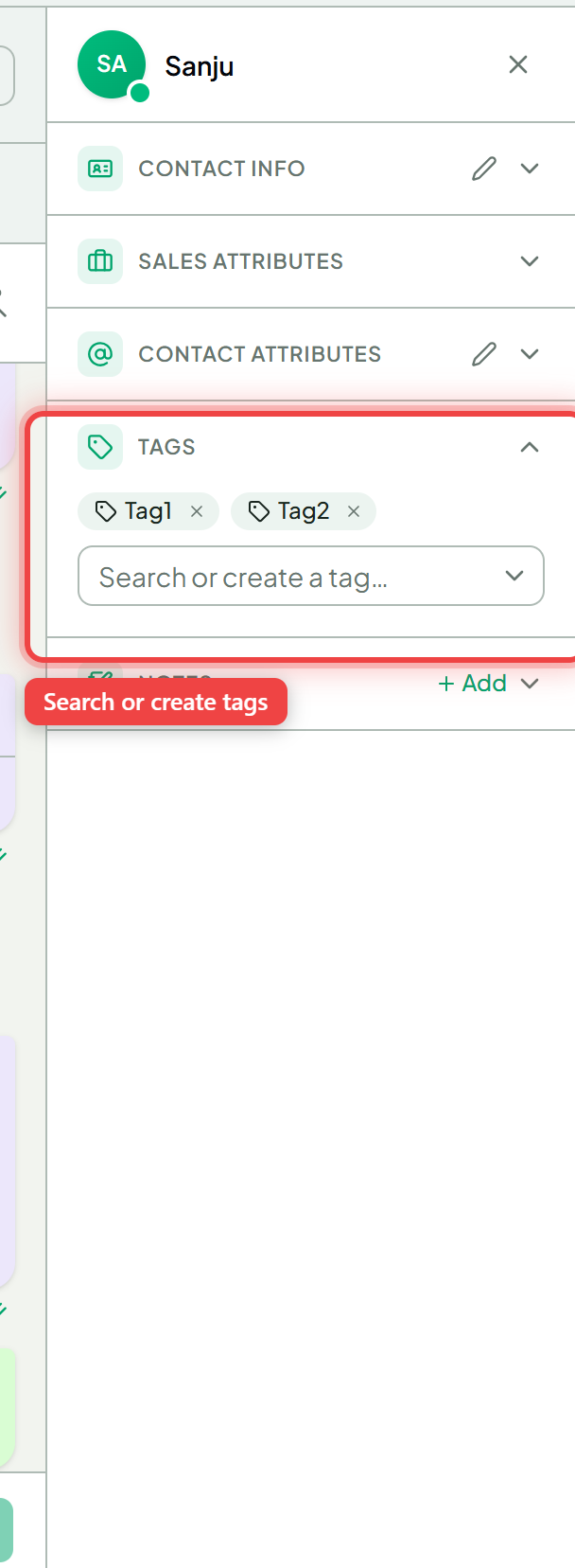 The Tags section with the search-or-create box