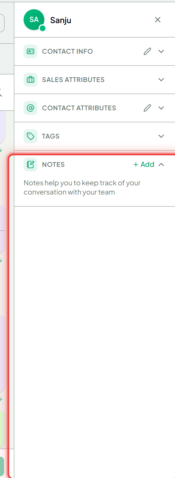 The Notes section of the contact panel