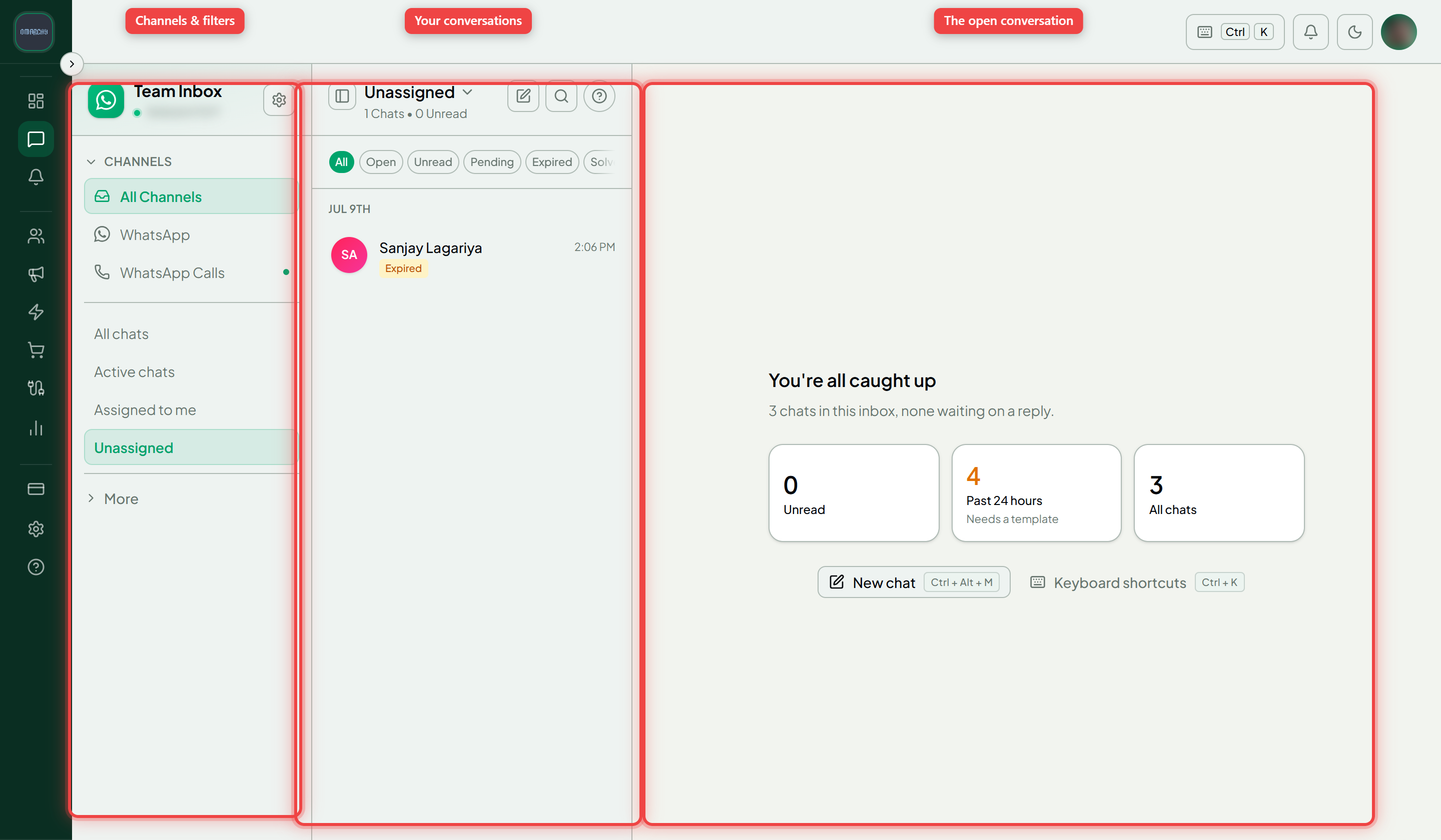 The Team Inbox with its three areas outlined: sidebar, conversation list, and open conversation