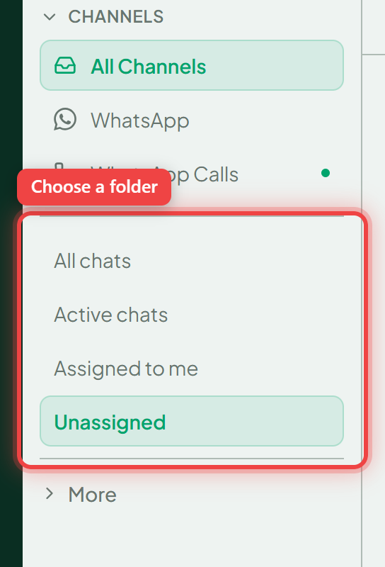 The chat folders: All chats, Active chats, Assigned to me, Unassigned