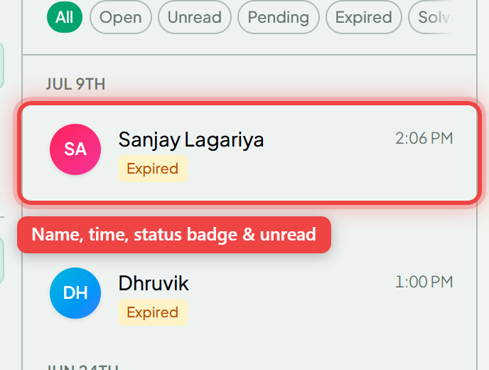 A conversation row showing the name, time, status badge and unread count