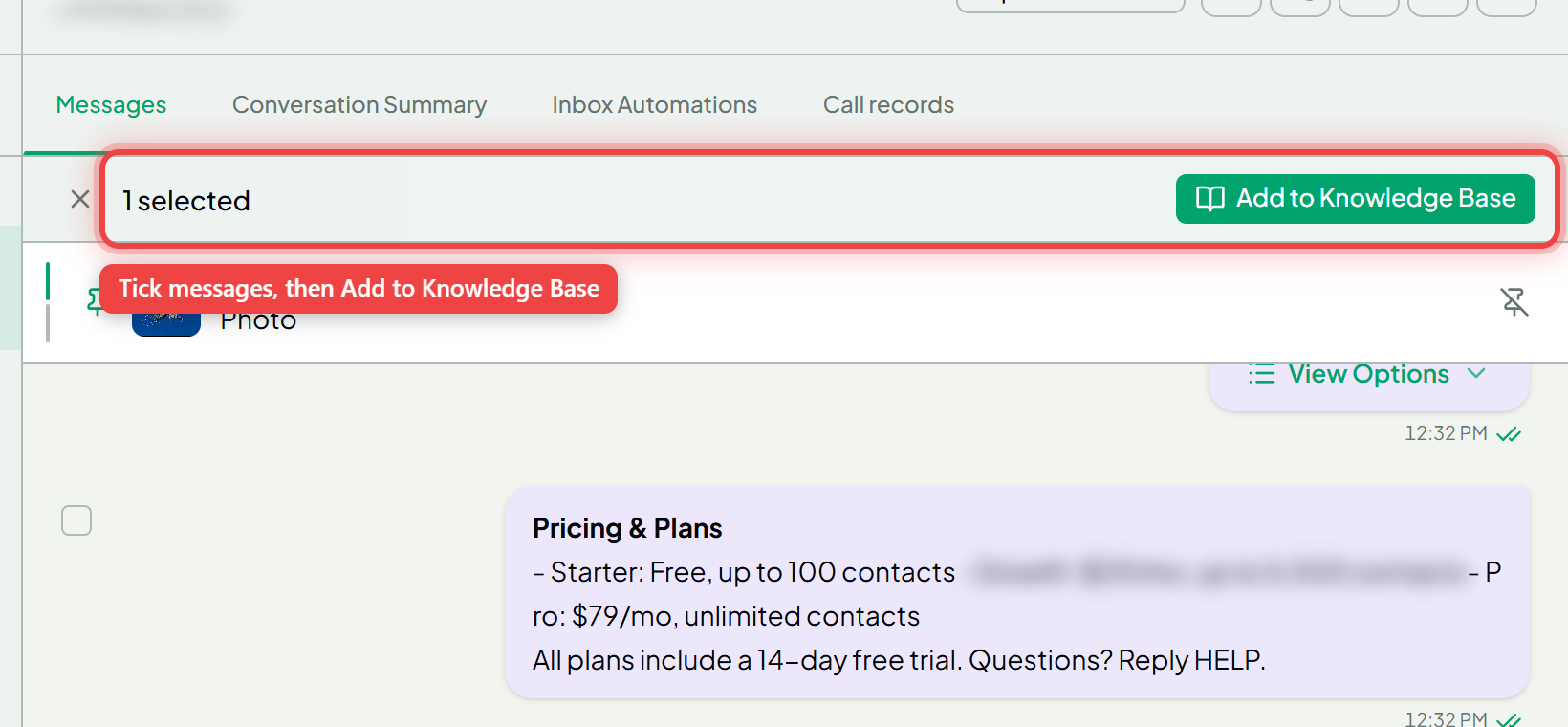 Selection mode with message checkboxes and the Add to Knowledge Base toolbar