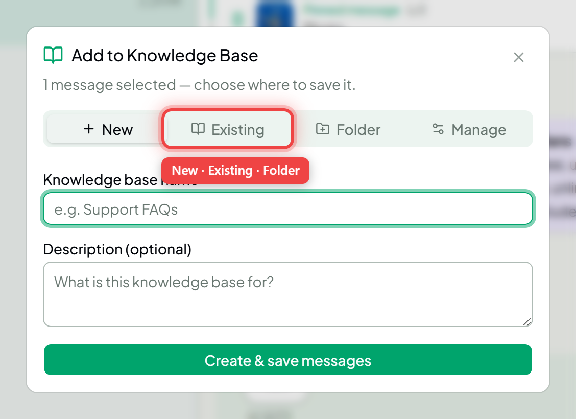 The Add to Knowledge Base dialog with New, Existing and Folder tabs