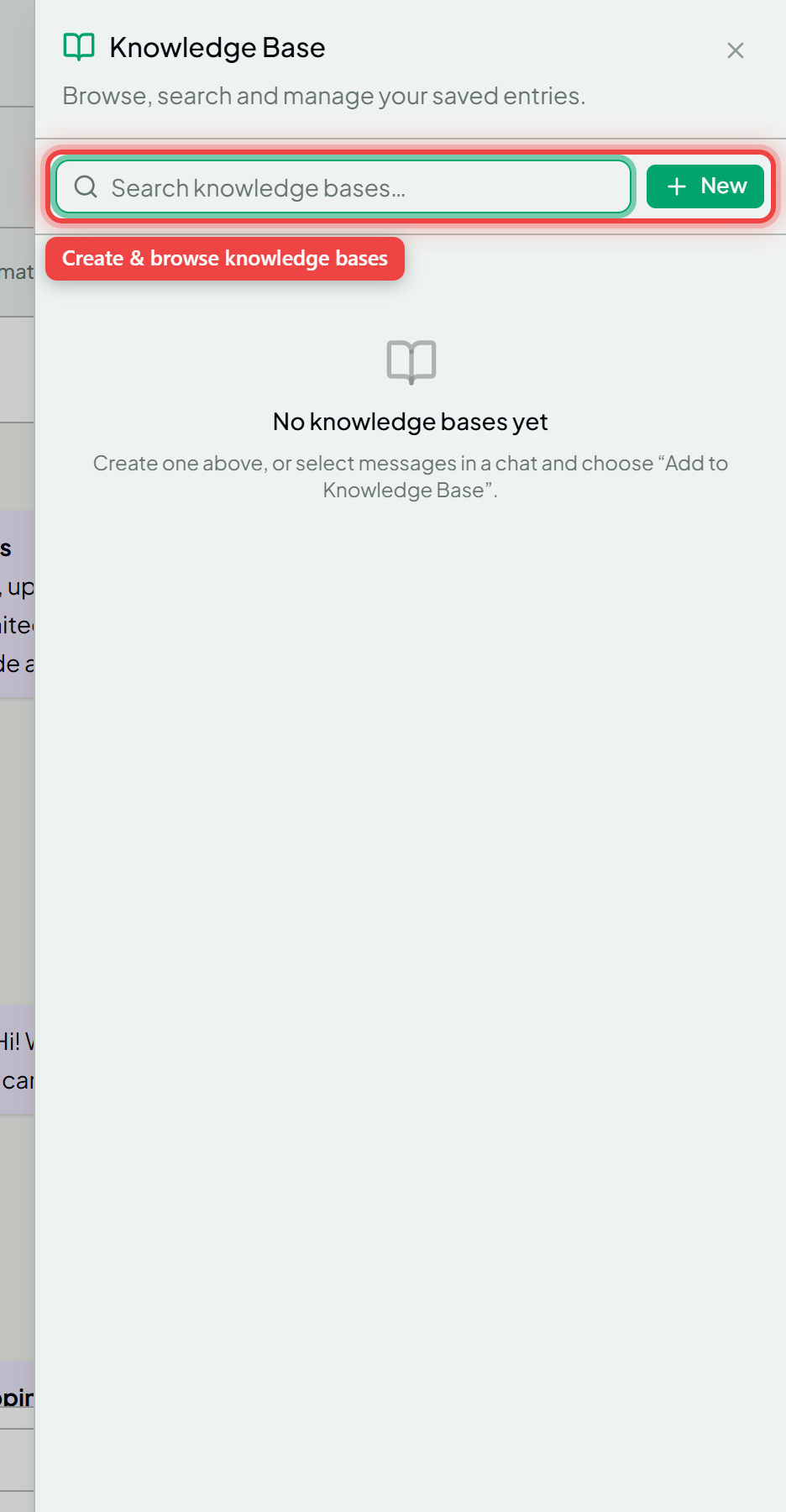The Knowledge Base manager with search and New