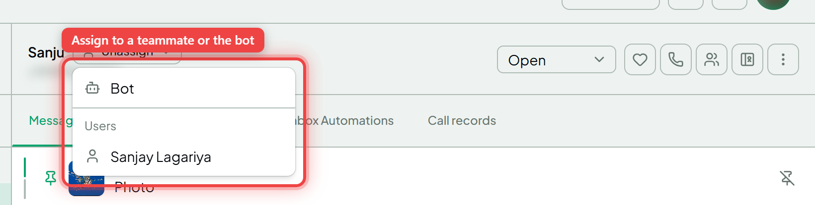 The assignee dropdown with Bot, teammates and Unassign