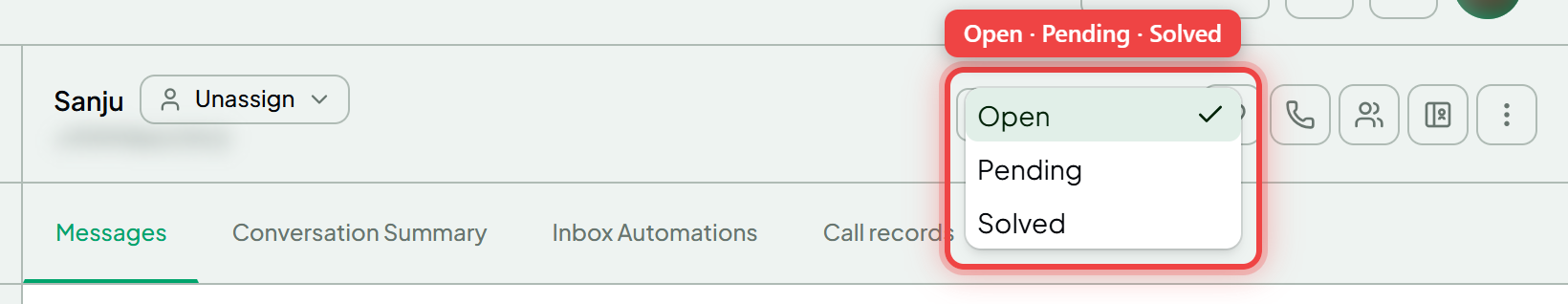 The status selector showing Open, Pending and Solved