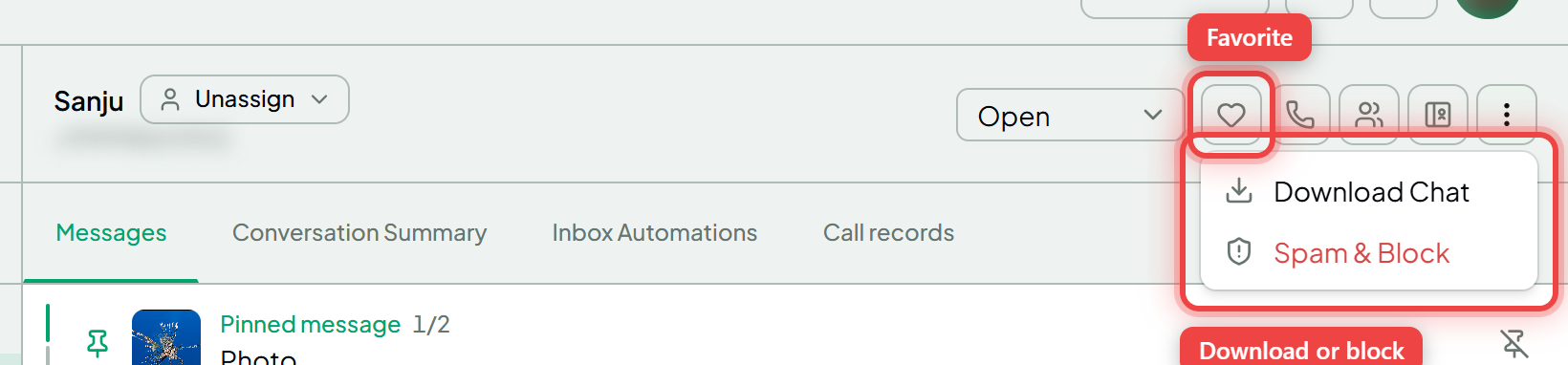 The favorite heart and the header menu with Download Chat and Spam & Block