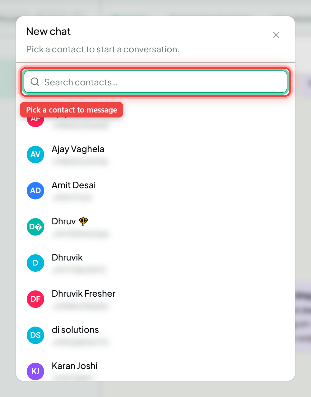 The New chat dialog with a contact search