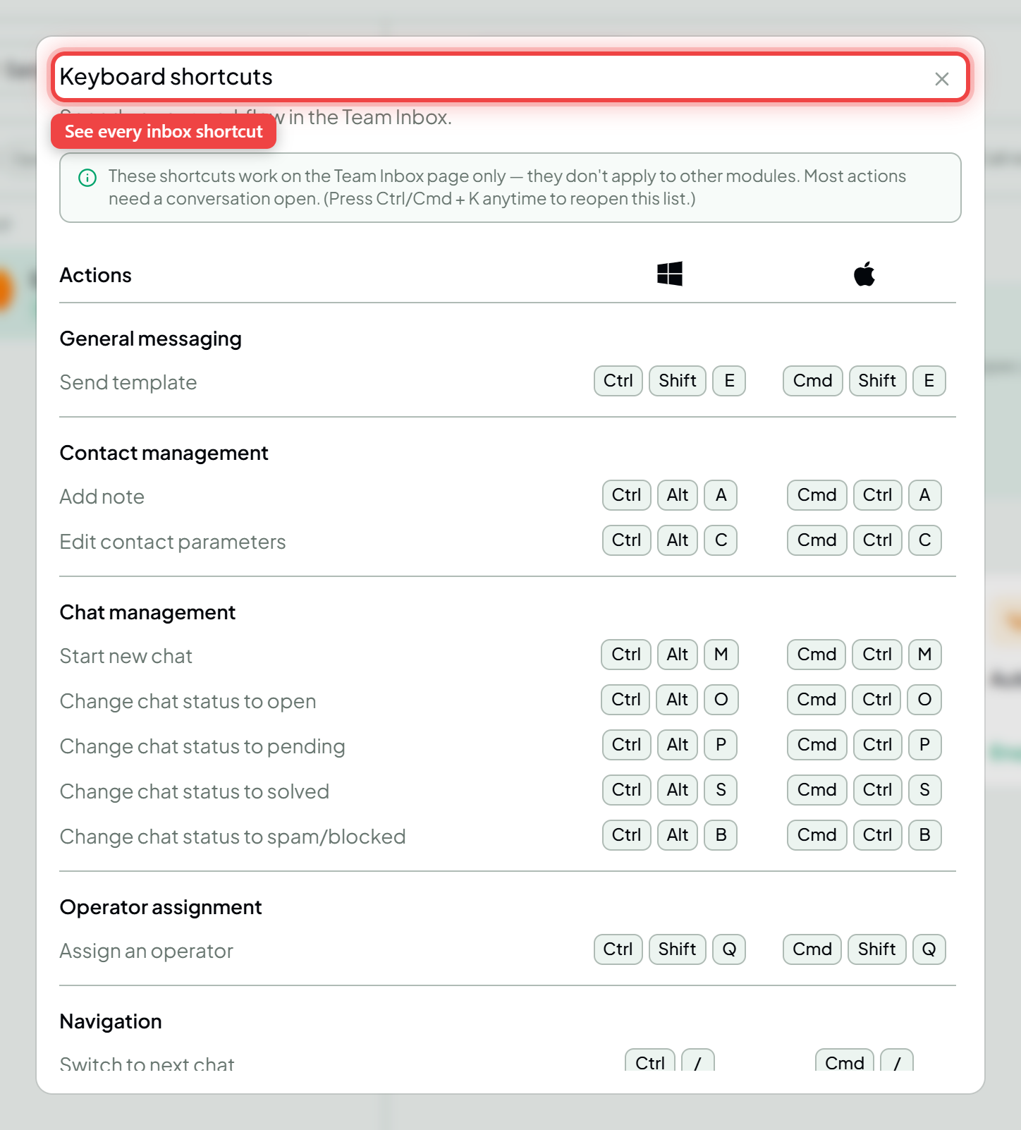 The Keyboard shortcuts reference dialog