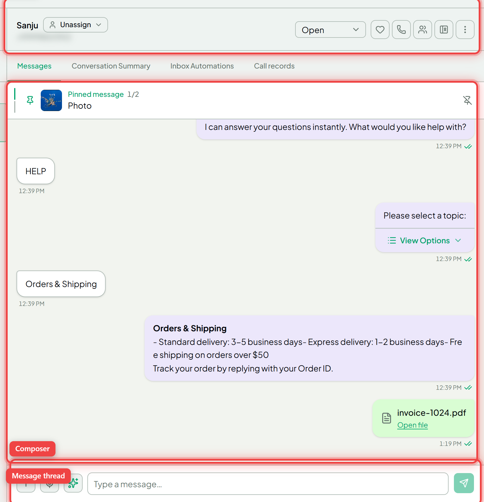 An open conversation showing its header, message thread and composer