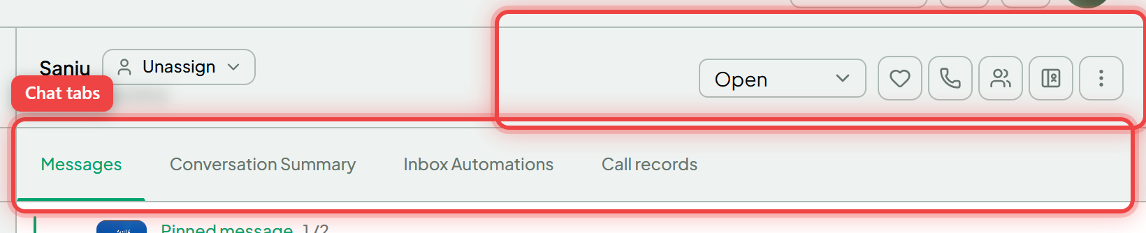 The chat header controls and the four conversation tabs