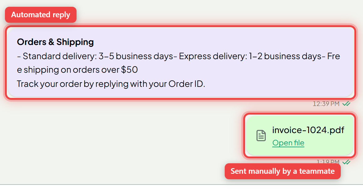 A purple automated reply above a green message sent manually by a teammate