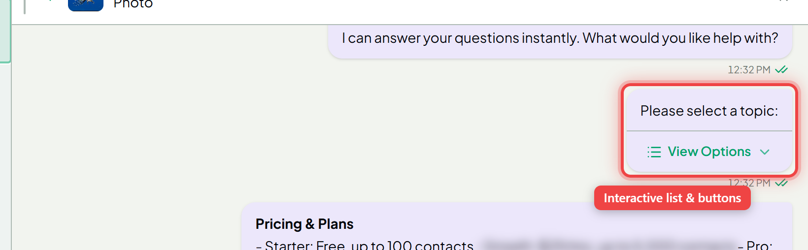 An interactive list message with a View Options button