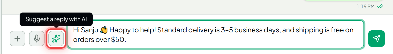 The Suggest a reply with AI button beside the composer, with a drafted reply in the box