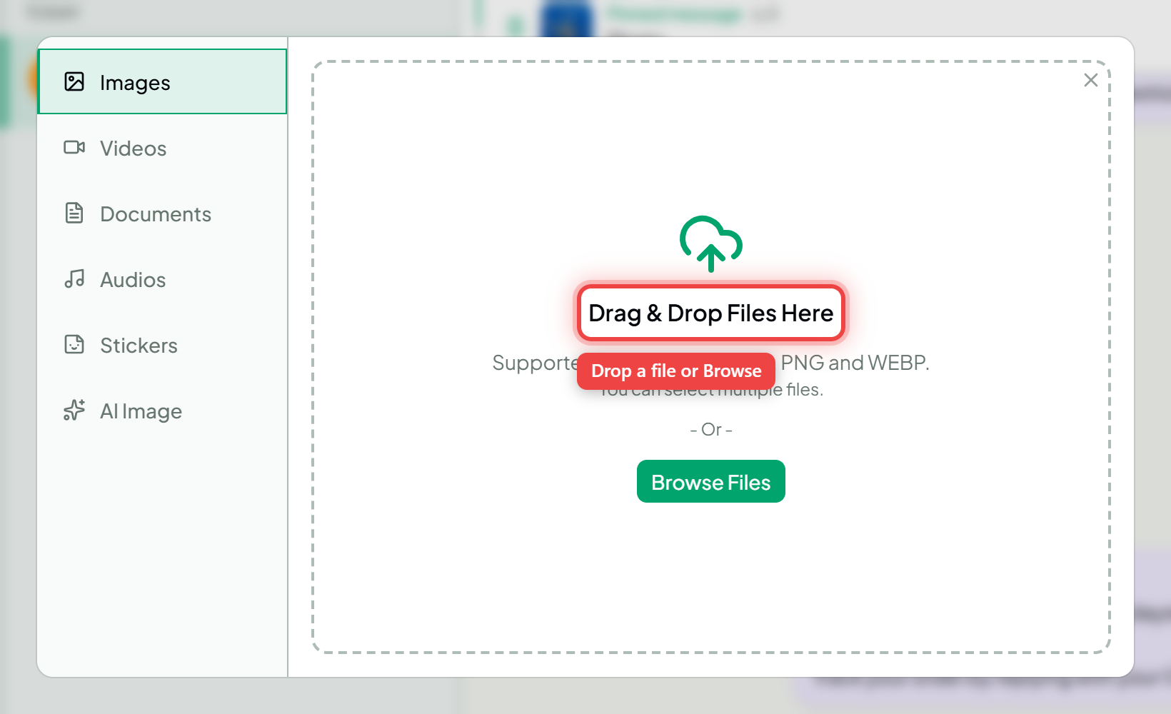 The media upload window with category tabs and a drag-and-drop zone