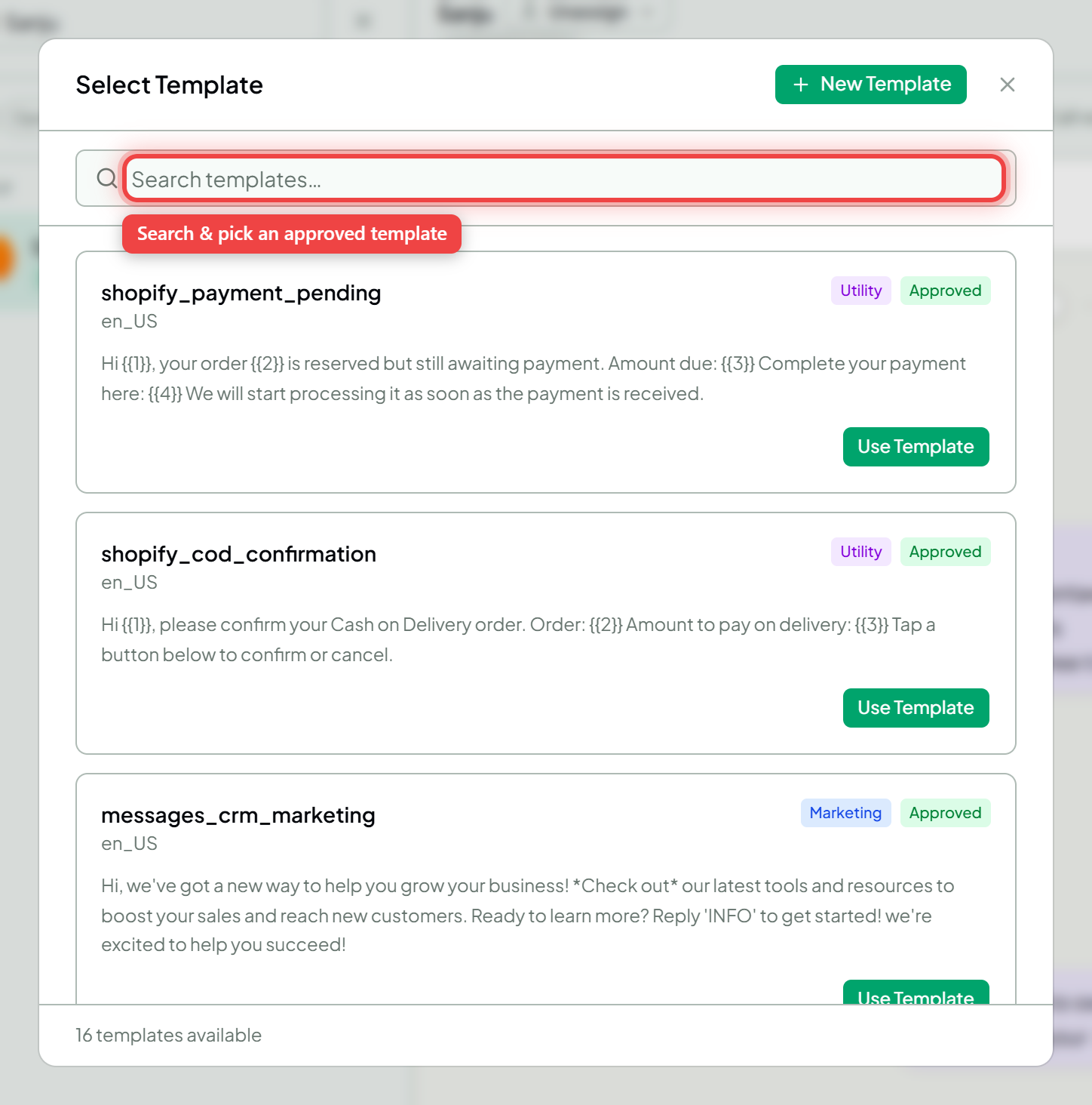 The Select Template dialog listing approved templates