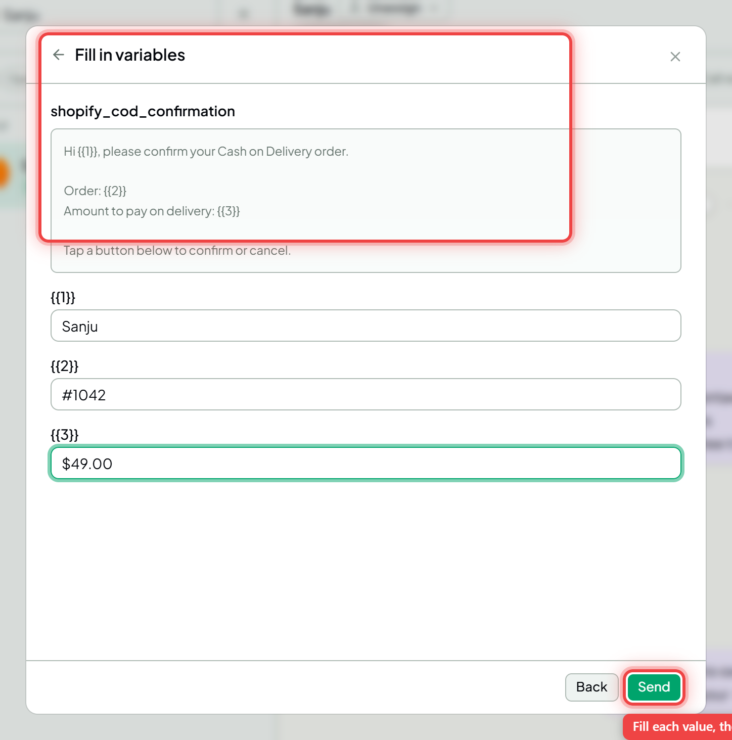 The Fill in variables step with values entered and the Send button