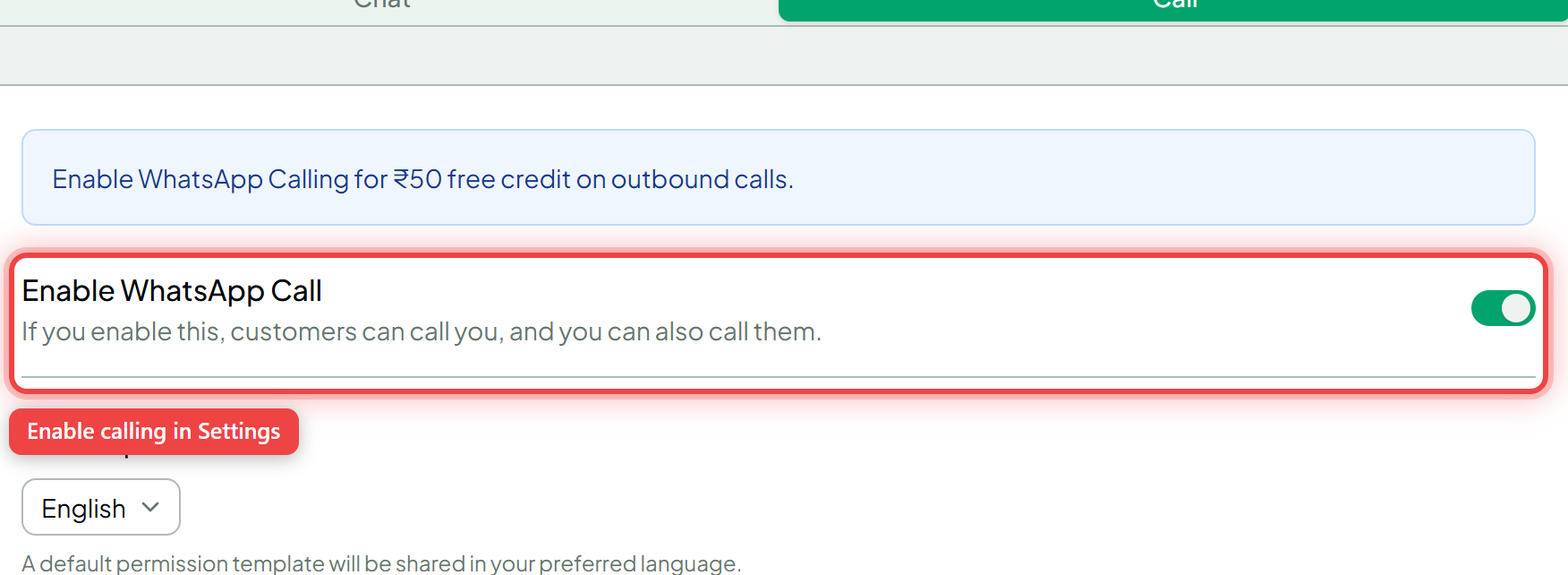 The Enable WhatsApp Call toggle in Team Inbox settings