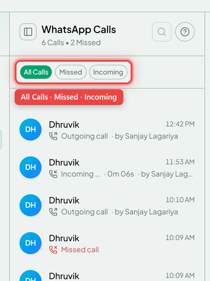 The WhatsApp Calls list with All Calls, Missed and Incoming tabs
