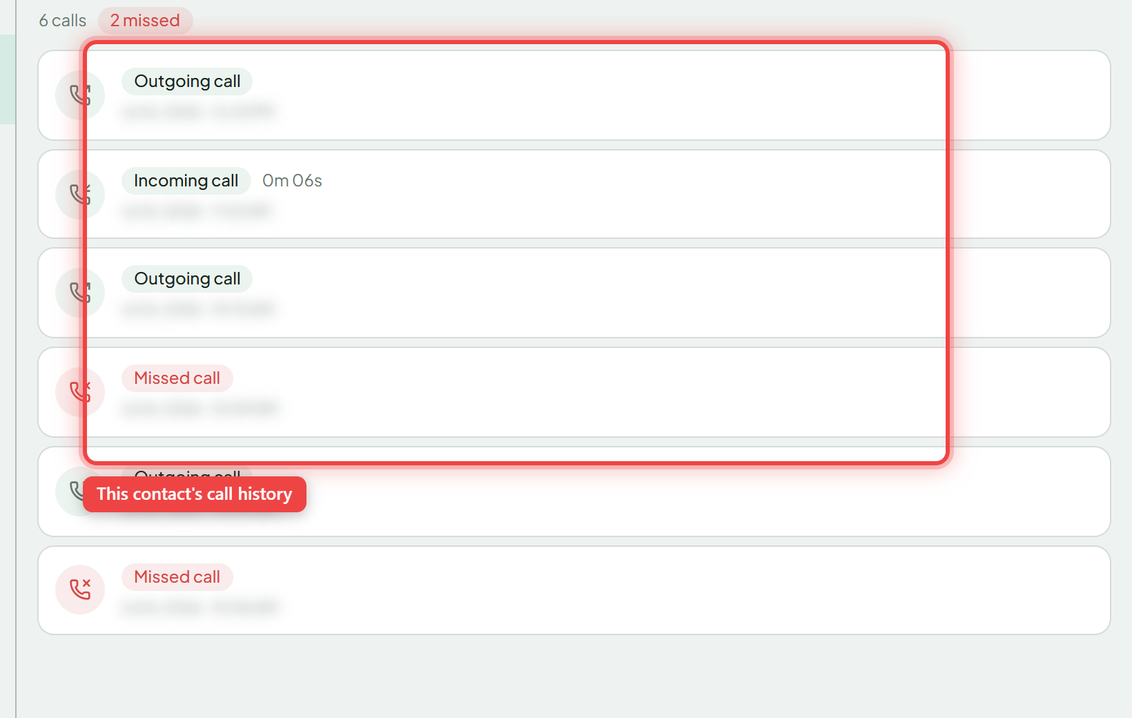 The Call records tab showing a contact's calls