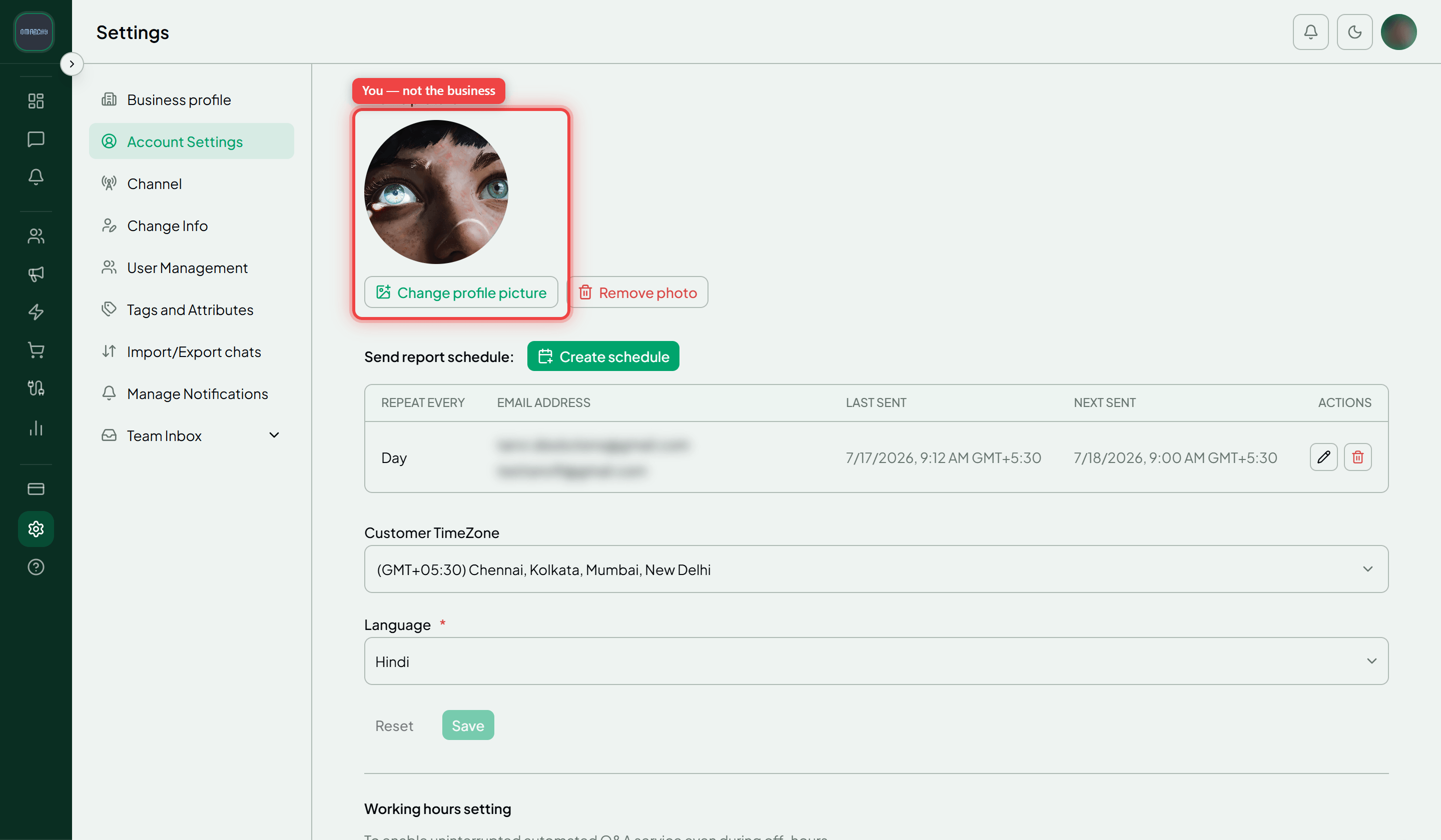 The Account Settings tab with the Profile picture section and its Change profile picture button highlighted