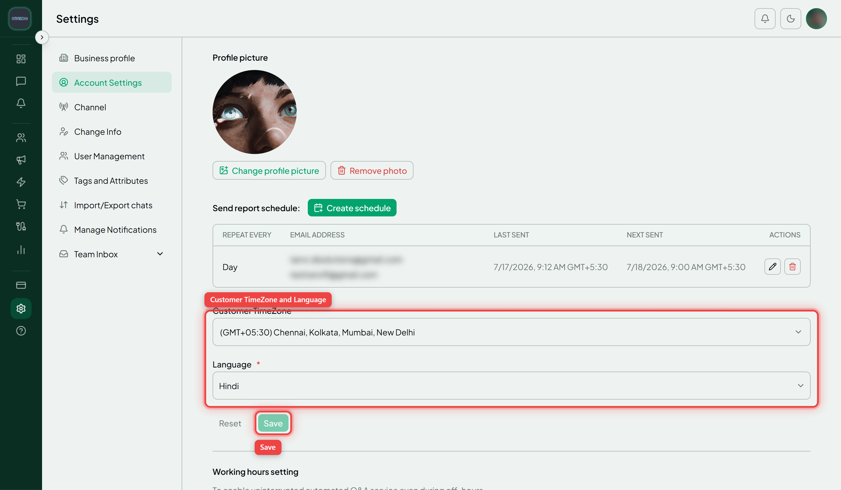The Account Settings tab with the Customer TimeZone and Language fields and the Save button highlighted