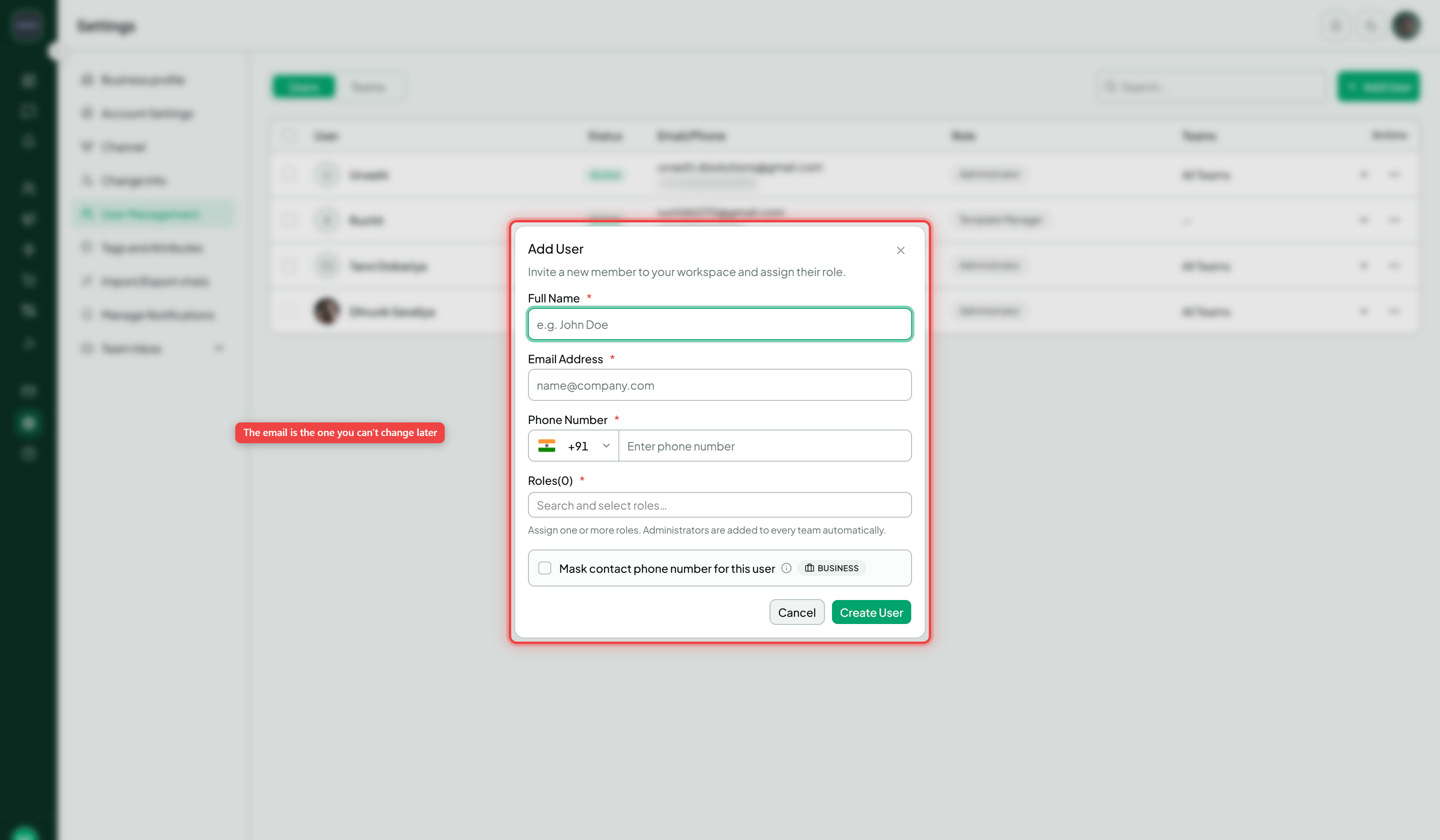 The Add User dialog with the Full Name, Email Address, Phone Number and Roles fields highlighted