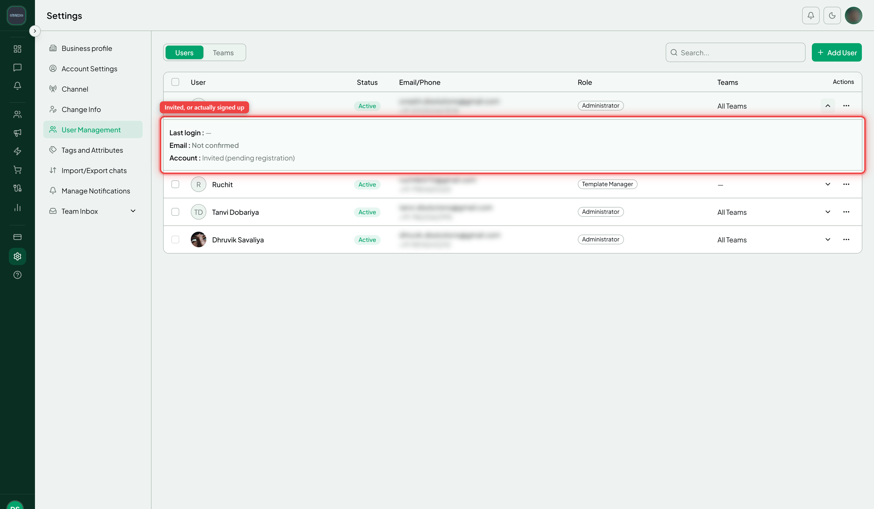 The Users table with an expanded row showing the Invited (pending registration) account state highlighted
