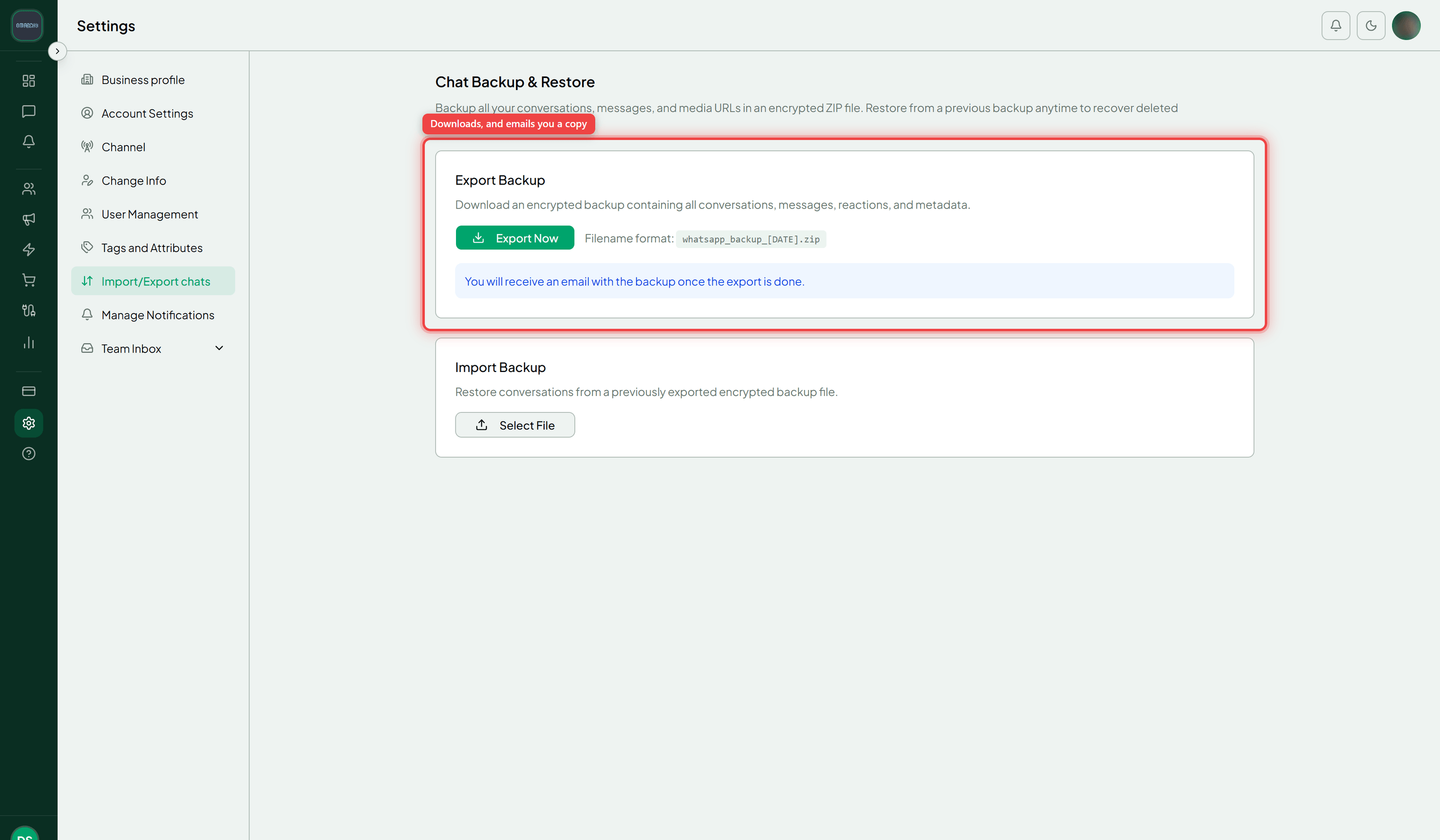 The Import/Export chats tab with the Export Backup card and its Export Now button highlighted